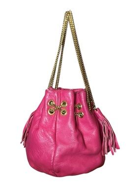 1980s Morris Moskowitz Leather Hot Pink Chain Drawcord Bucket Shoulder Bag